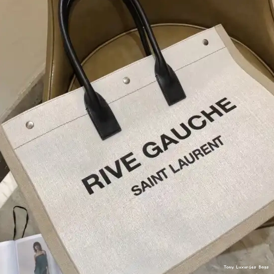 Tony Luxuries IN YSL BAG LEATHER RIVE AND LINEN TOTE GAUCHE 0608